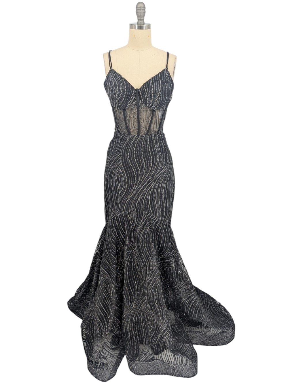 30071 Blondie Nites Polka Dot Mesh Ball Gown Black size 7 prom formal black tie